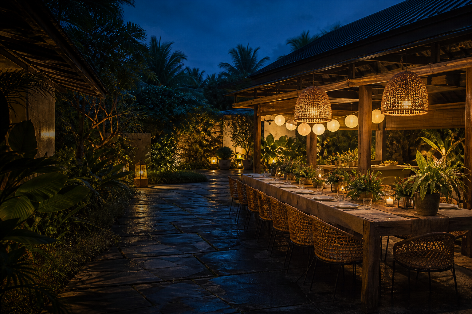 Original fictional tropical courtyard prepared for an intimate evening gathering